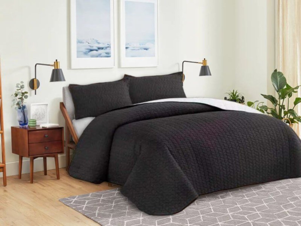 Κουβερλί Σετ Μονό Μονόχρωμο Μαύρο-Λευκό Leaves Διπλής Όψεως Microfiber Γαρύφαλλο 160x240 | Γαρύφαλλο - Λευκά Είδη