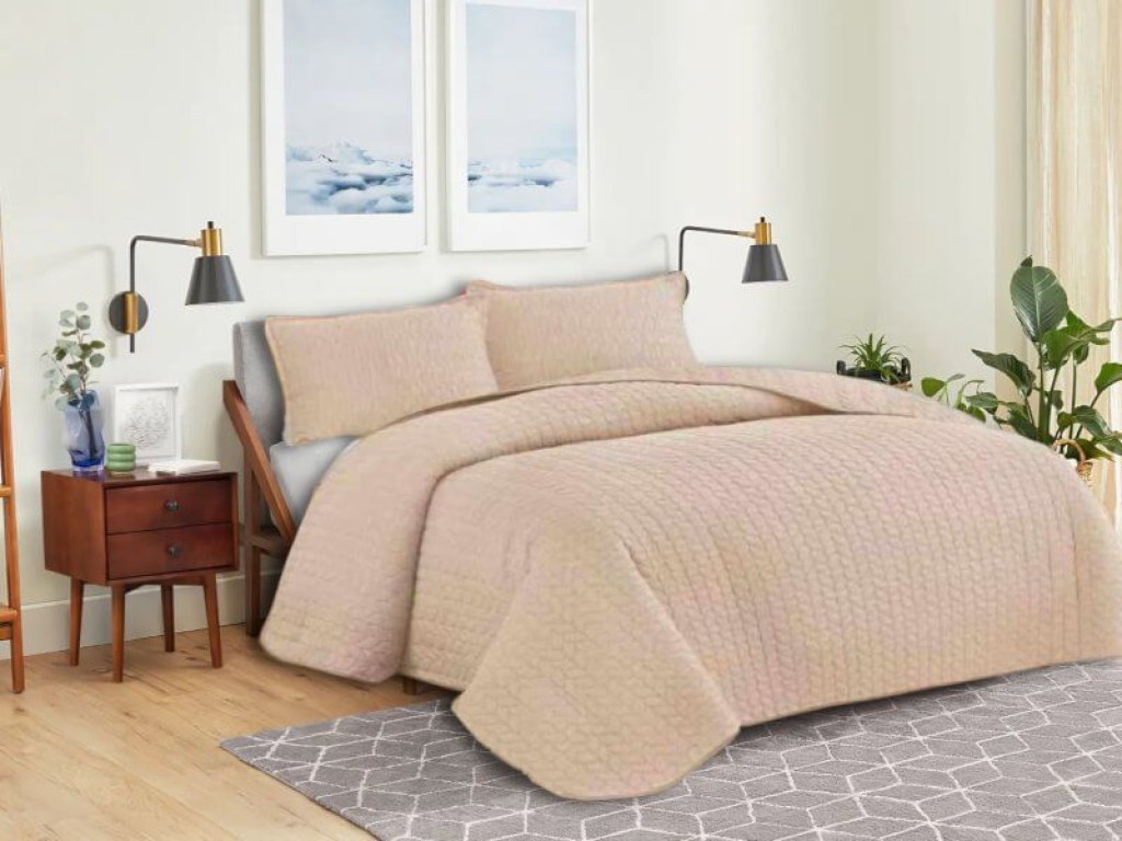 Κουβερλί Σετ Μονό Μονόχρωμο Μπεζ Leaves Διπλής Όψεως Microfiber Γαρύφαλλο 160x240 | Γαρύφαλλο - Λευκά Είδη